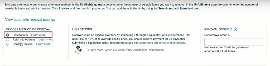 Launching the removal process by selecting Liquidations