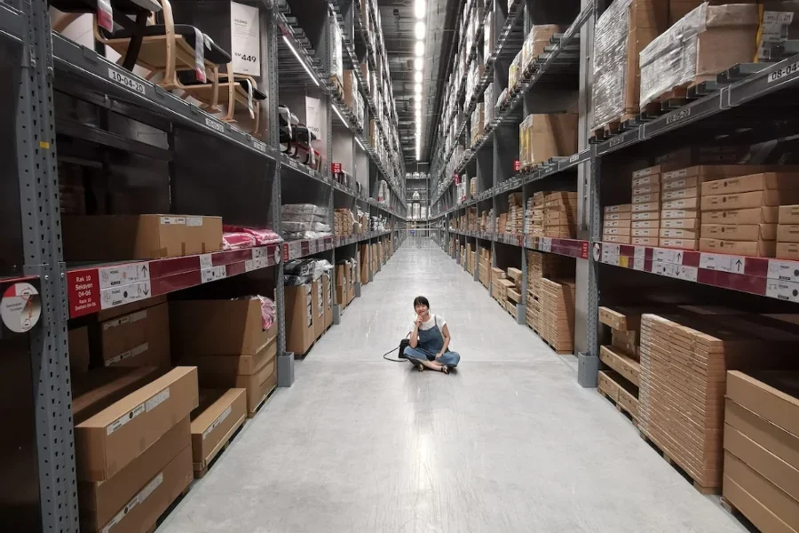 Person sitting on the ground between brown cardboard boxes