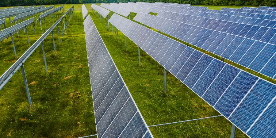 Solar modules on green field in photovoltaic station