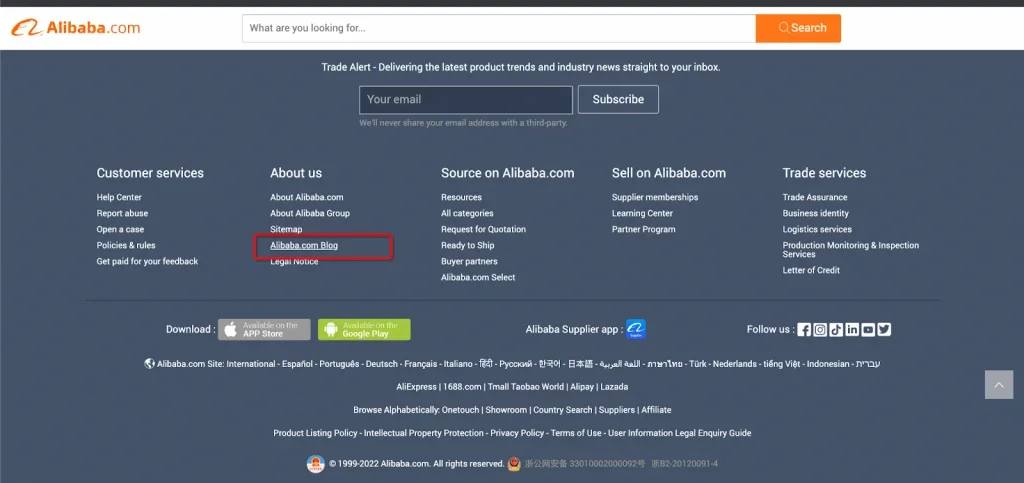 The footer section of Alibaba.com home page