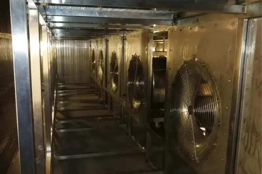 The inside of a fruit and vegetable fluidized bed freezer