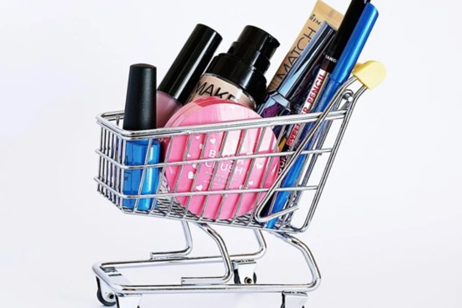 A sample of cosmetic products in a shopping cart