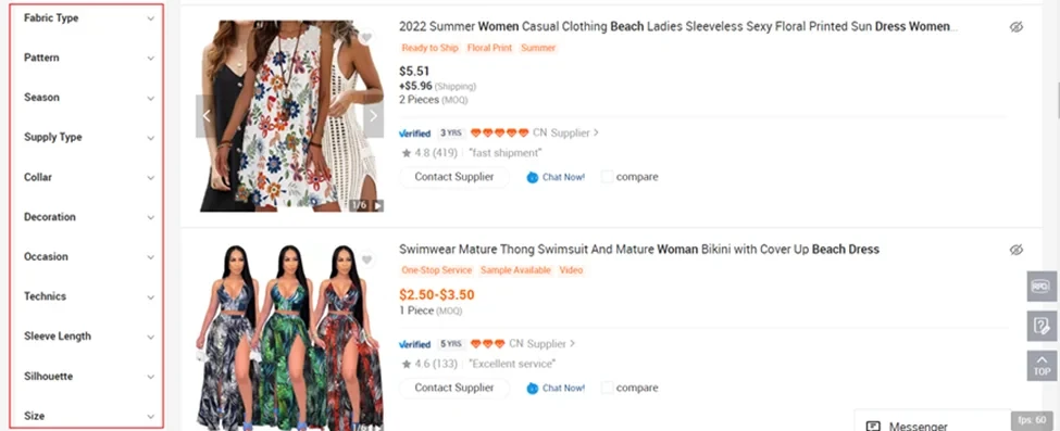 Filter column on the left side of Alibaba.com’s search result page