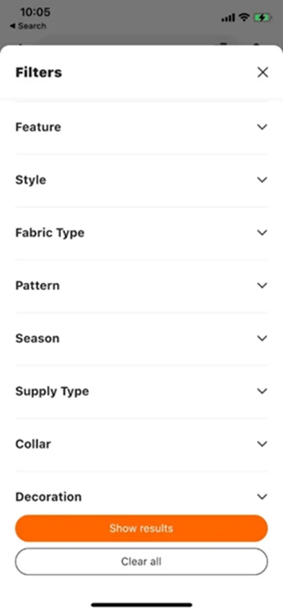 Filter options on Alibaba.com’s mobile interface