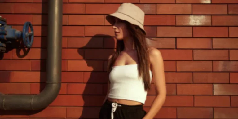 A female wearing a trendy bucket hat