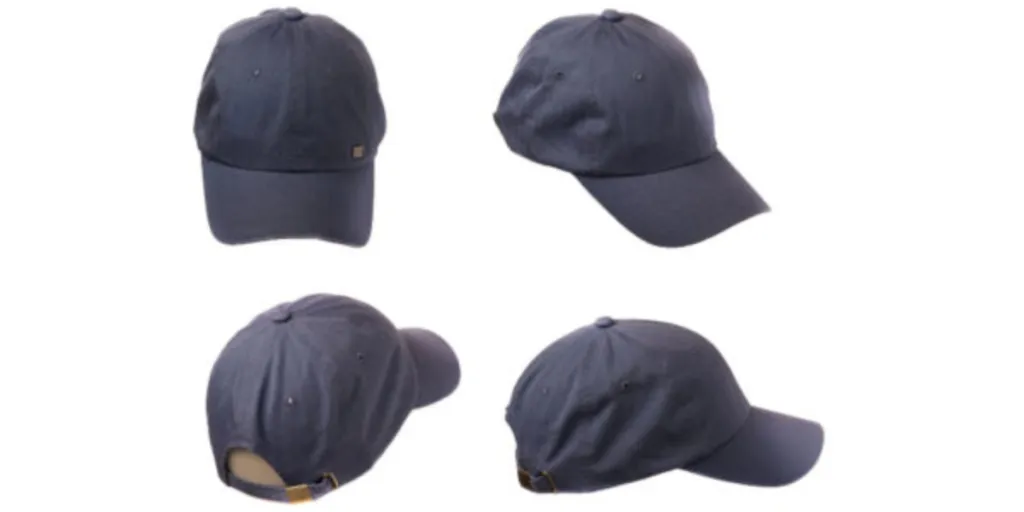 A navy blue unstructured baseball cap shown from four different angles