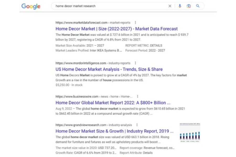 Uma captura de tela do mecanismo de pesquisa do Google com 'pesquisa de mercado de decoração para casa' na barra de pesquisa