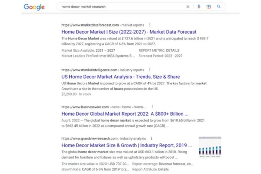 Cuplikan layar mesin telusur google dengan 'riset pasar dekorasi rumah' di bilah penelusuran
