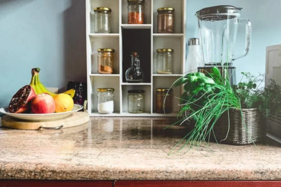 A shelf filled with kitchen storage jars