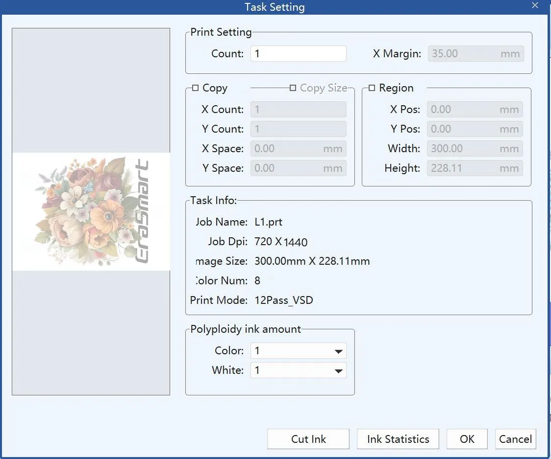 DTF printing user interface showing customizable specifications for a T-shirt print