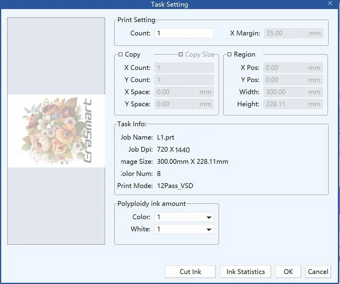 DTF printing user interface showing customizable specifications for a T-shirt print