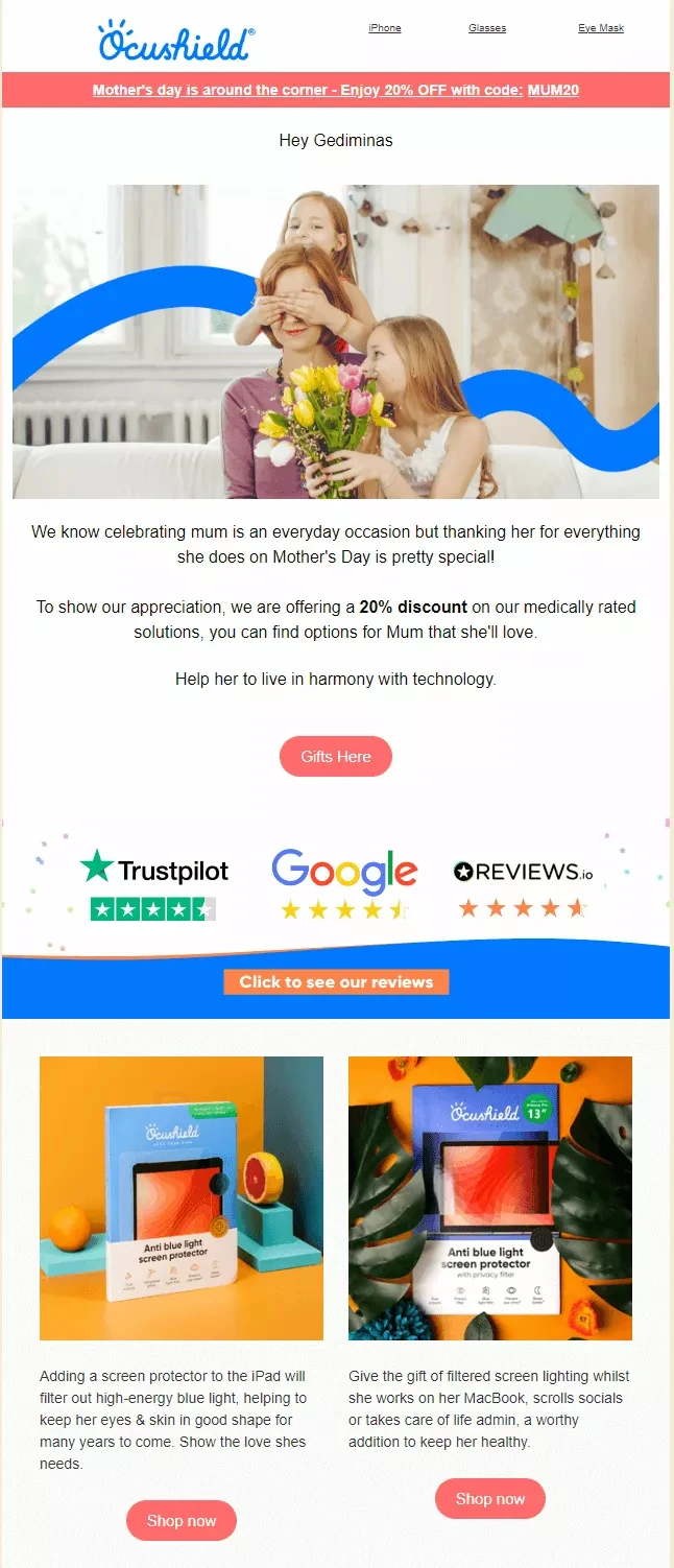 Ocushield Mother’s Day email