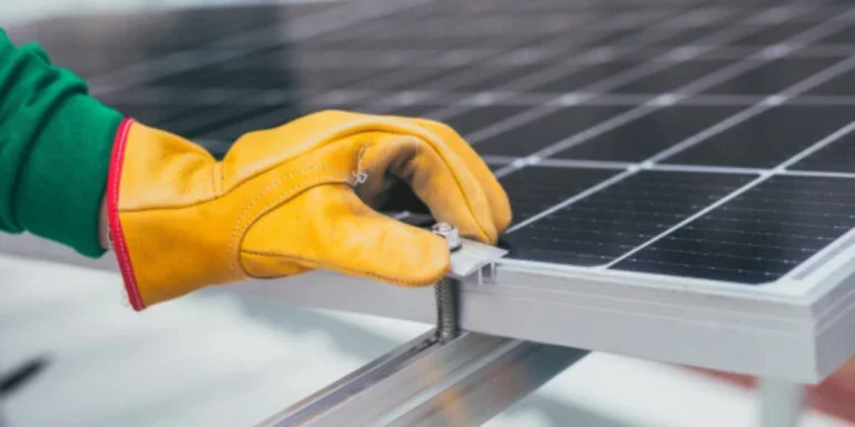 Person’s hand on solar panel