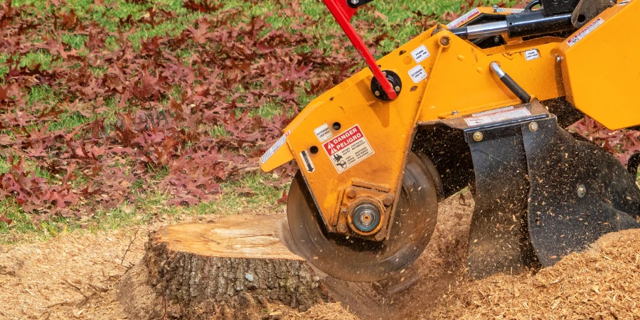A stump grinder grinding a tree trunk
