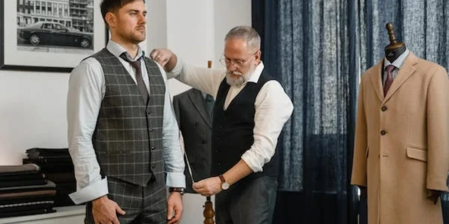 tenue pour safari Un tailleur prenant la mesure du corps d'un homme