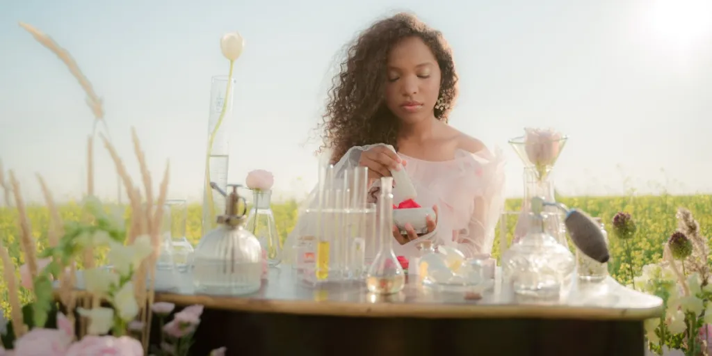 A woman making perfume using natural ingredients