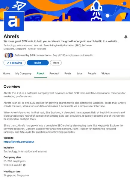 Pagina di panoramica del profilo LinkedIn di Ahrefs