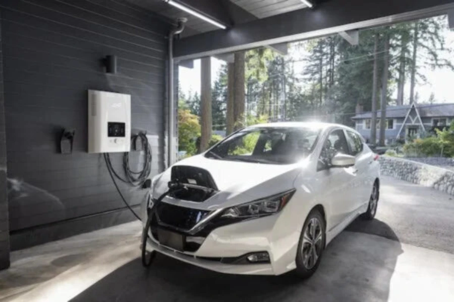 An electric car charging at home