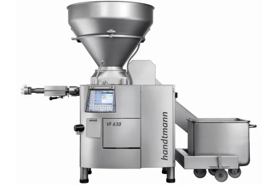 An industrial sausage grinder and stuffer on white background