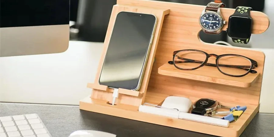 Bamboo desk organizer phone stand