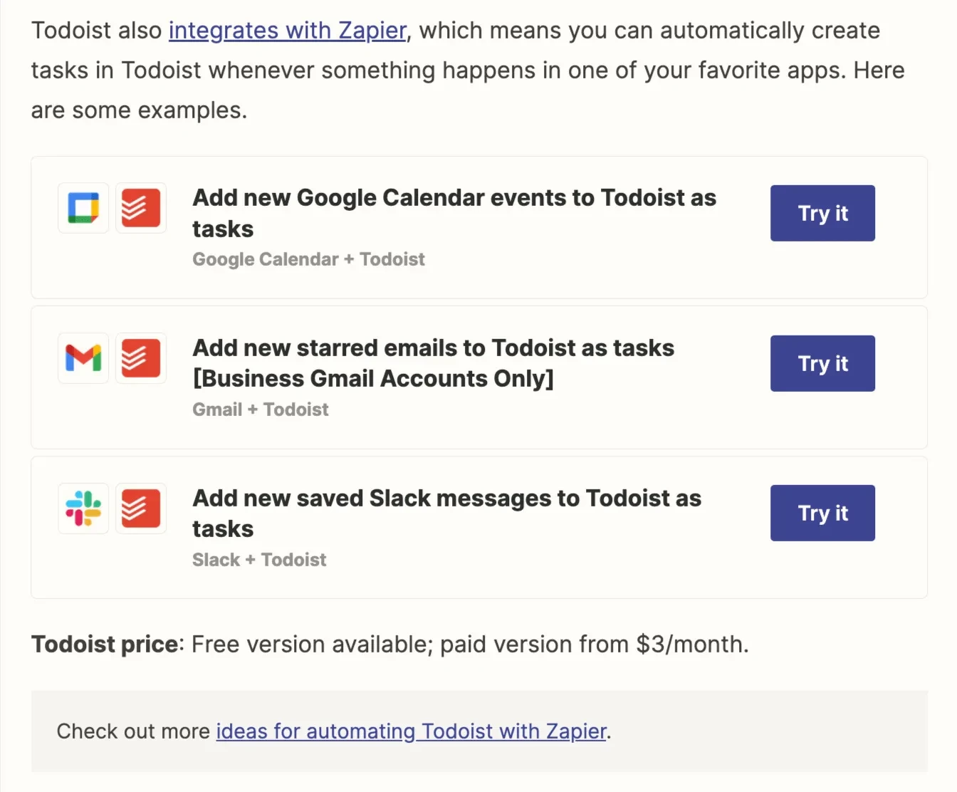 Calls to action no artigo do Zapier