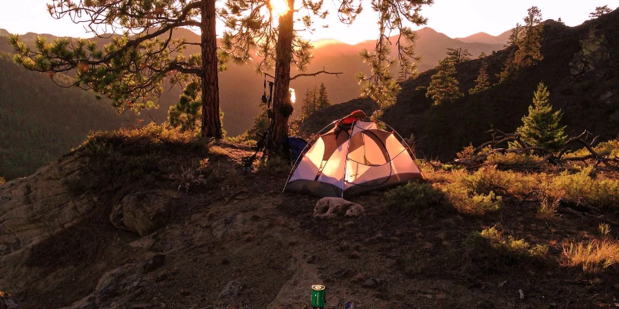 campsite on ridge at sunset