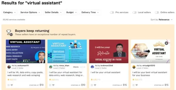 Resultados de pesquisa do Fiverr para "assistente virtual"