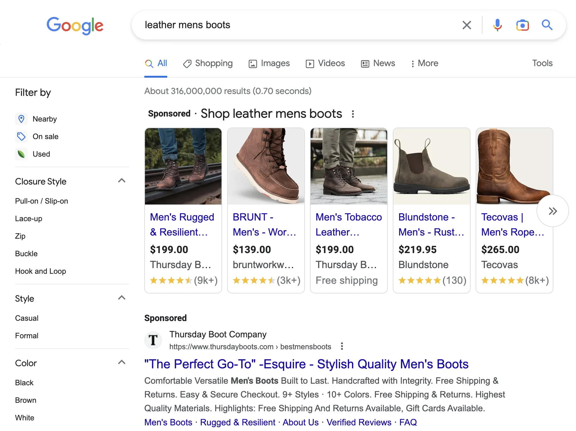 Результаты поиска Google по запросу "кожаные мужские ботинки"