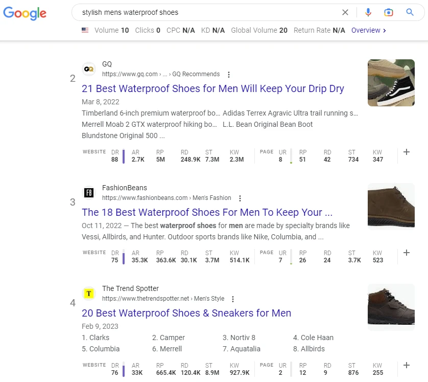 Результаты поиска Google по запросу «стильная мужская непромокаемая обувь»