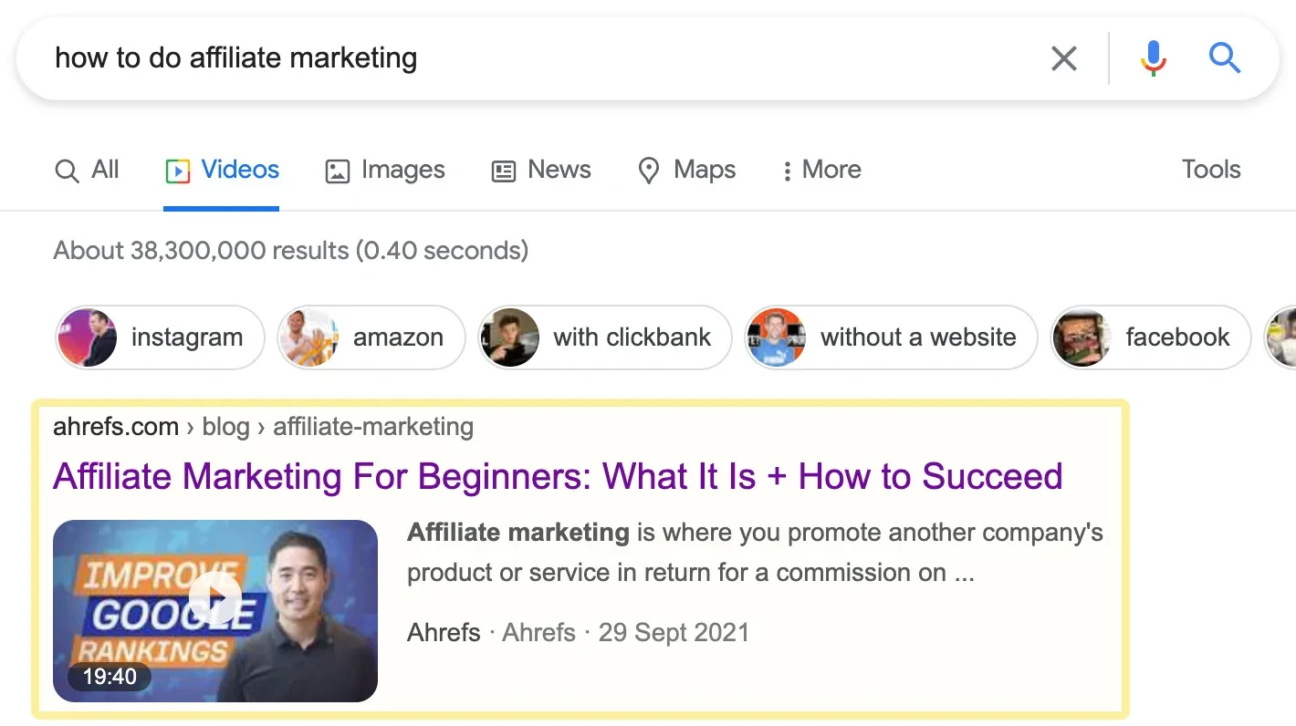 Google SERP pour "comment faire du marketing d'affiliation"