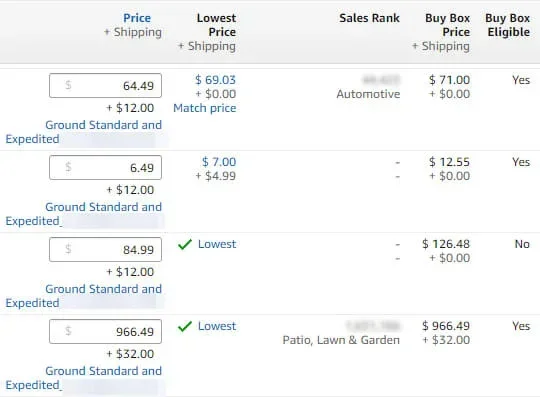 list of products on Amazon showing price, sales rank, buy box price and eligibility