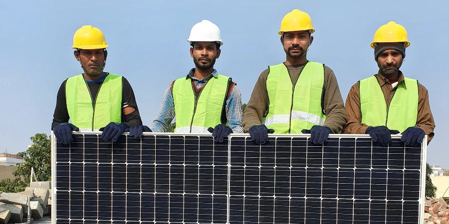 Men holding solar panels