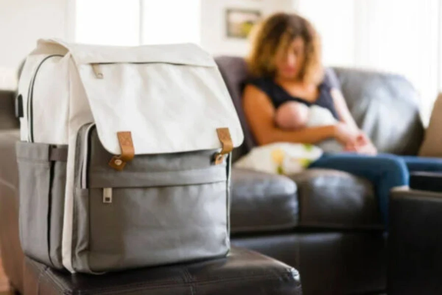 Retro backpack designed with diaper changing features inside