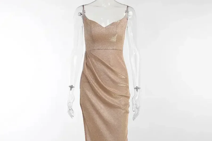 Silky brown boudoir dress on mannequin