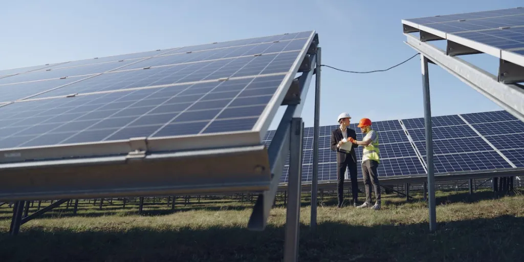 Two electricians standing near the solar panels