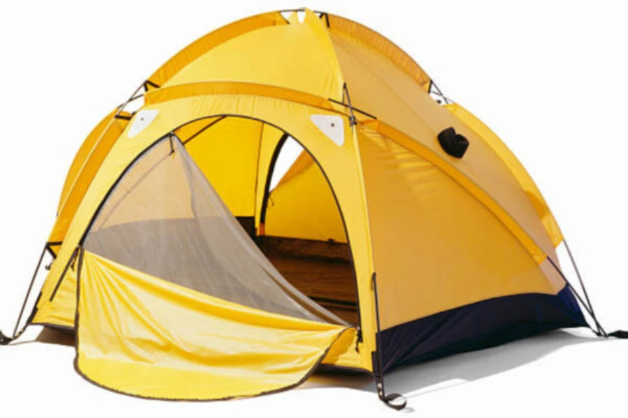 yellow dome tent with open zip enclosure