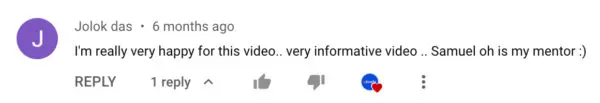 YouTube-Kommentator sagt, dass ihm das Video gefällt und dass Sam ihr Mentor ist