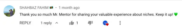 YouTube commenter saying they like the video content about niches and Sam is their mentor