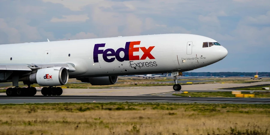 A FedEx airplane on the runway