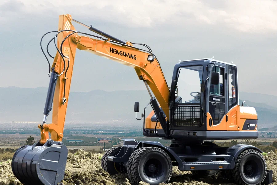 A wheeled excavator at a work site