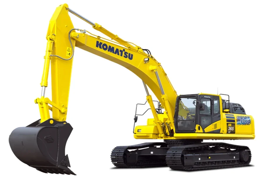 A yellow Komatsu crawler excavator