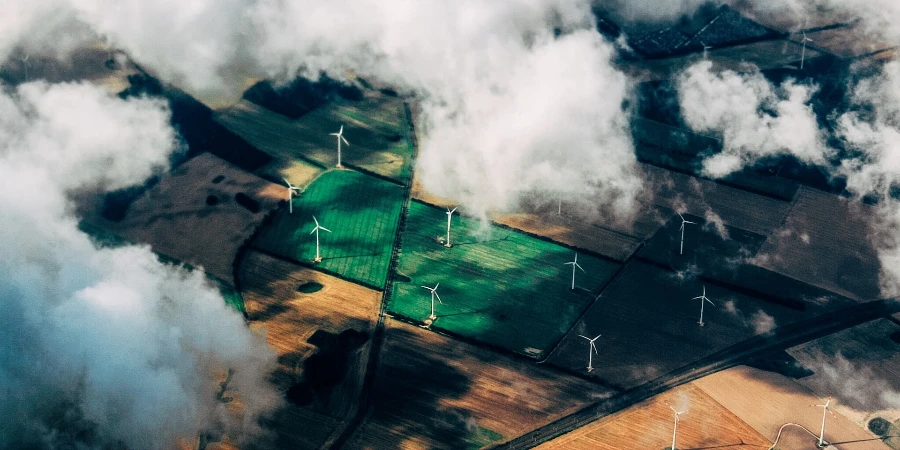 Aerial photo of wind turbines near field