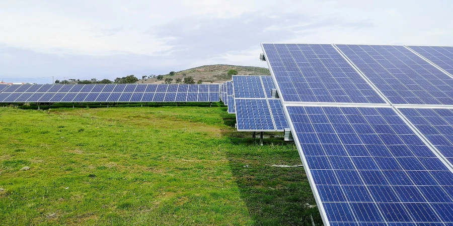 Solar panels on green grass during daytime