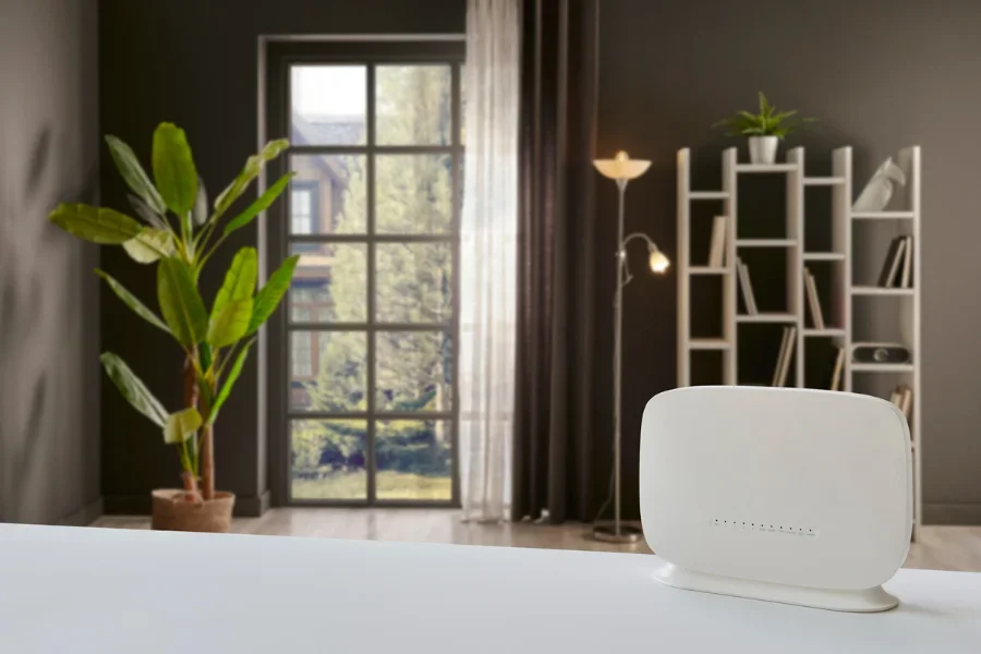A white modem connected to internet stands in an office