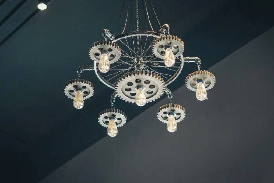 Industrial silver metal cogwheel chandelier