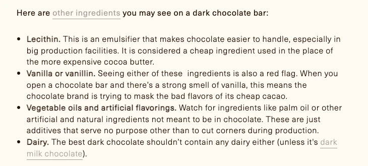 list of the ingredients you may see on a dark chocolate bar