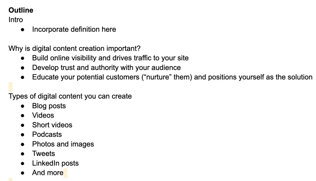 Outline of the post on digital content creation