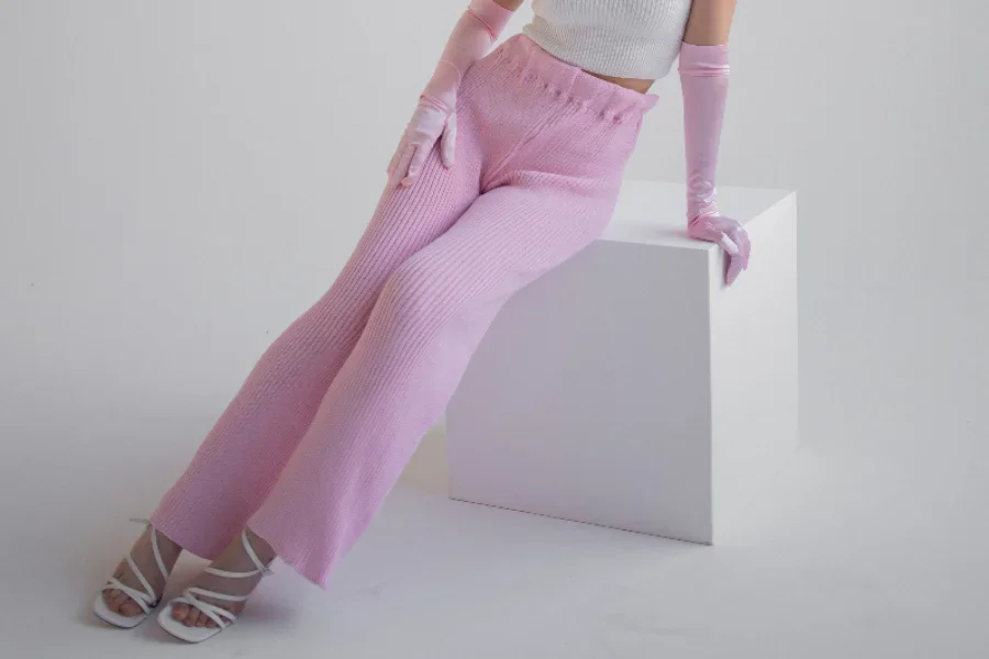 Pink ribbed knit flared pants