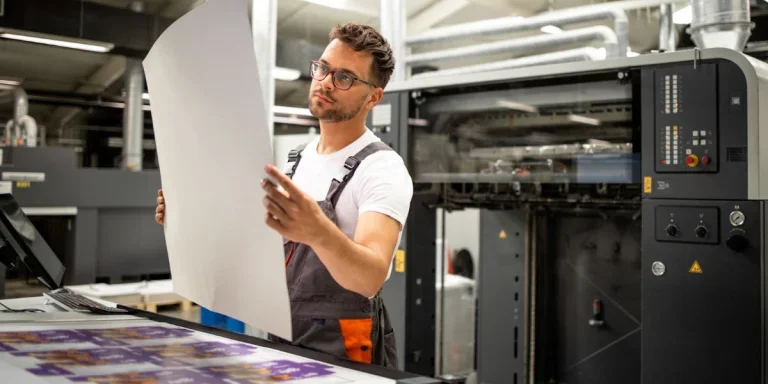 Print shop worker checking quality of imprint
