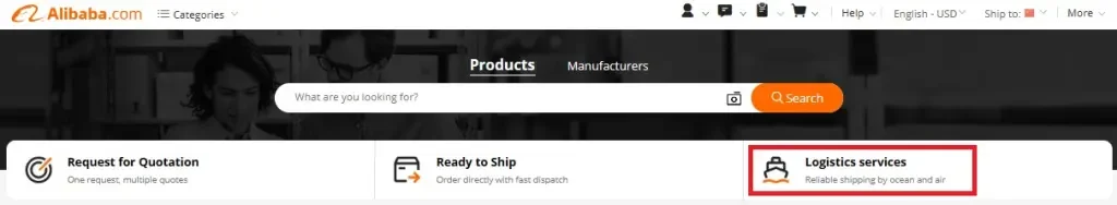 The "Logistics services" icon is at the top of Alibaba.com